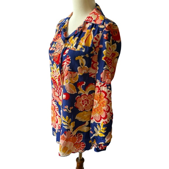 TORY BURCH SHIRT SILK BUTTON FRONT FLORAL ROLL TAB SLEEVE CHEST POCKET VIBRANT 4 - Picture 3 of 13